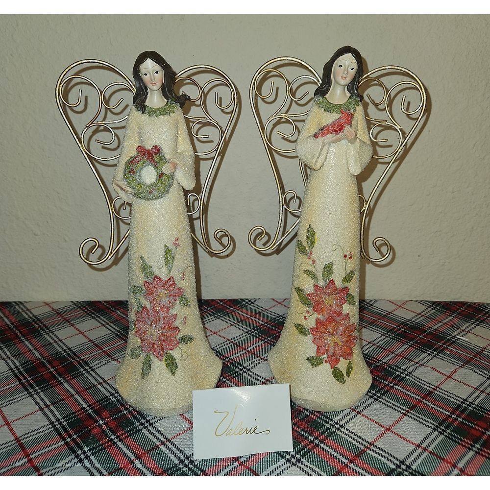 Valerie Parr Hill Holiday Poinsetta Angel Figurines with Gold Wings